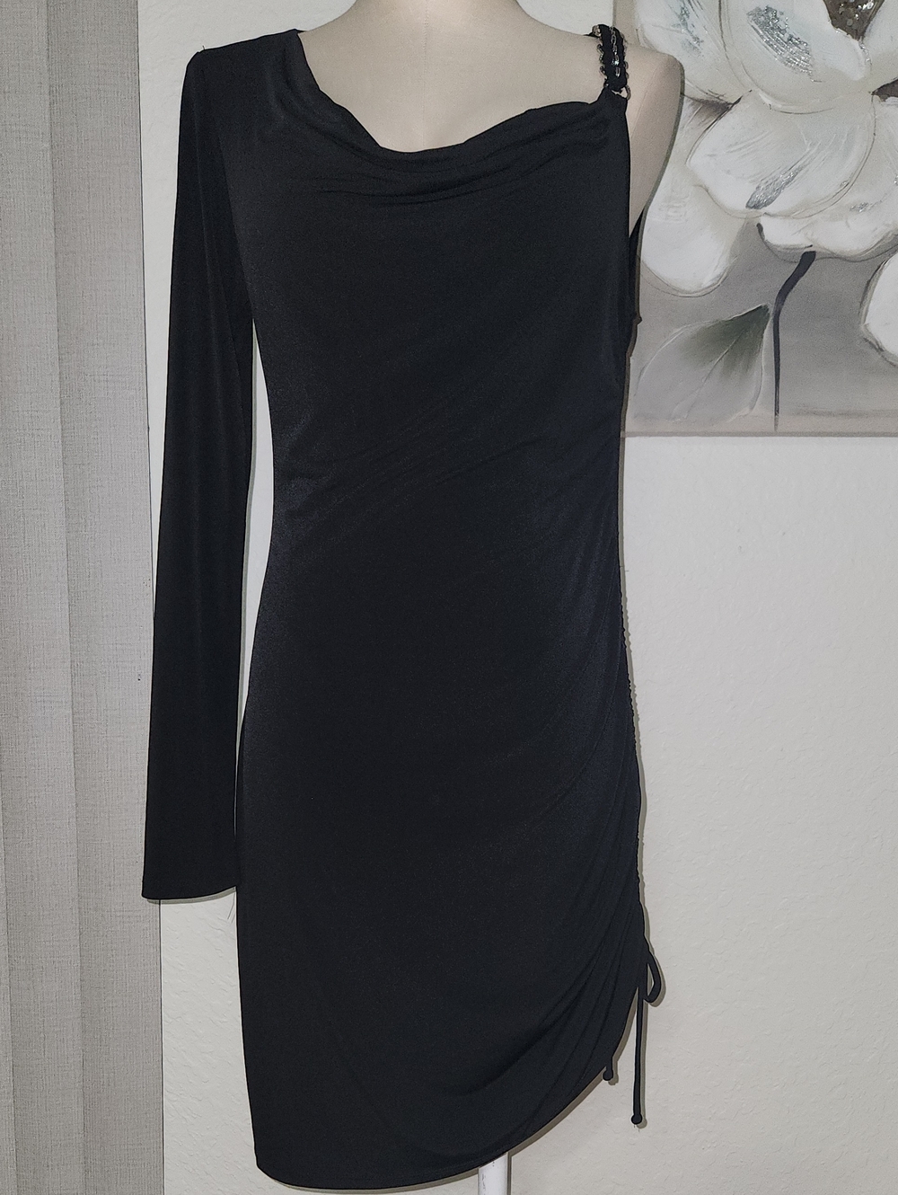 Cache Black One-Shoulder Long Sleeve Dress with Side Ruching